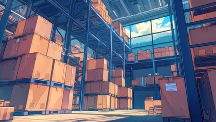 Poster - Spacious warehouse interior filled with stacked cardboard boxes and bright blue sky visible through large windows in a modern storage facility