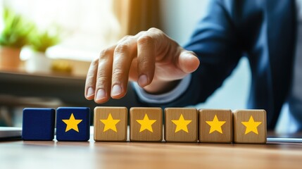Poster - A businessman evaluates service quality by arranging star blocks on a desk, with a bright office background