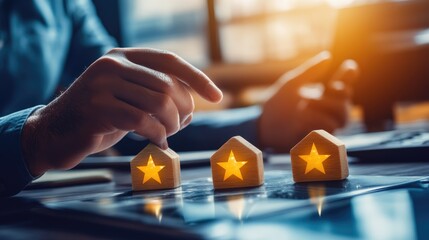 Poster - A person evaluates three glowing wooden star-shaped icons representing ratings on a digital tablet in a cozy workspace