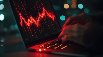 Poster - Person using a laptop in a dimly lit environment, analyzing sound waves displayed on the screen