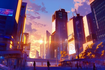 Poster - Serene Urban Sunset Over Futuristic Cityscape with Vibrant Colors and Sky Reflections