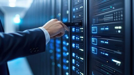 Poster - Business professional connecting a USB drive in a modern server room with illuminated equipment in the background