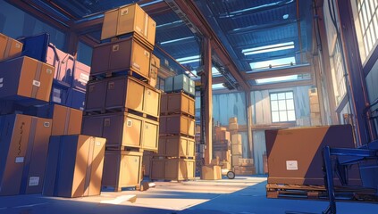 Poster - Stacked cardboard boxes in a bright and spacious warehouse with beams of light illuminating the organized storage area and colorful container stacks