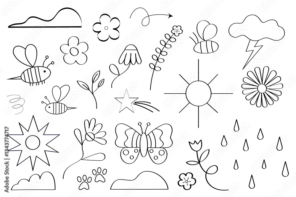 Hand drawn nature doodles collection Simple black outline drawings of