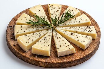Poster - Delicious cheese slices arranged on a wooden platter garnished with rosemary and black pepper on a white background