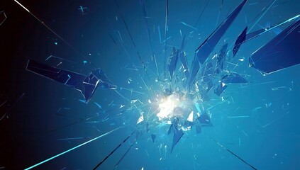 Poster - Dynamic Explosion of Blue Shattered Glass Reflecting Light and Enveloping Space with Energy and Movement in a Digital Abstract Background