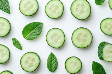 Poster - Fresh cucumber slices and green leaves arranged on a clean surface for a healthy food or cooking concept