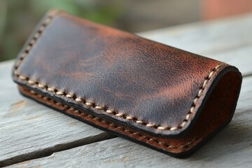 Poster - Handcrafted leather pouch resting on weathered wooden surface in natural light