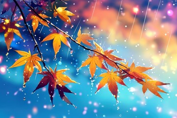 Poster - Vibrant Autumn Leaves with Raindrops Against a Colorful Background of Blue and Orange, Evoking a Sense of Tranquility and Nature's Beauty