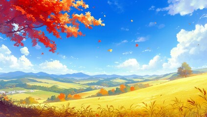 Poster - Serene Autumn Landscape with Vibrant Red Leaves and Rolling Hills under a Bright Blue Sky and Fluffy White Clouds