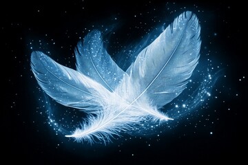 Poster - Beautiful glowing blue feathers floating in a cosmic background with stars
