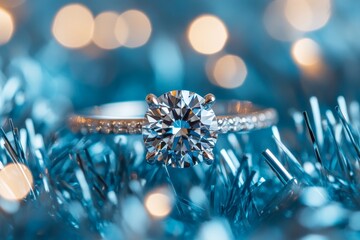 Poster - Stunning diamond engagement ring sparkles amid festive blue tinsel decorations in a cozy holiday setting