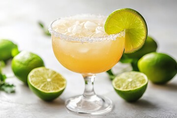 Poster - Refreshing cocktail served in a glass with lime garnish surrounded by fresh limes