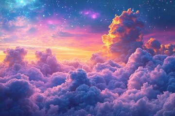 Poster - Stunning sunset transforms the sky into a vibrant tapestry of colors above soft, fluffy clouds