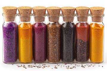 Aufkleber - Colorful spice jars arranged neatly on a white background exhibit a variety of textures and hues