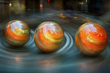 Poster - Abstract orbs create mesmerizing patterns in a vibrant urban setting at twilight