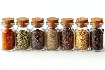Aufkleber - Colorful spice jars arranged neatly on a white background showcasing various culinary ingredients and flavors