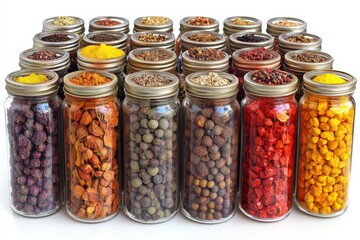 Aufkleber - Colorful display of various spices in jars arranged neatly on a surface