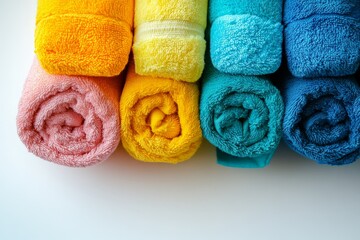 Poster - Brightly colored rolled towels neatly arranged on a white surface showcase vibrant hues and textures, perfect for any bathroom or spa setting