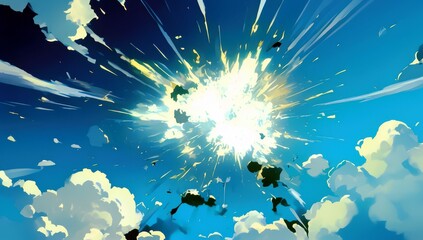 Poster - Bright Explosion with Colorful Burst and Dramatic Clouds in a Vibrant Blue Sky Capturing the Energy and Motion of a Stunning Visual Effect
