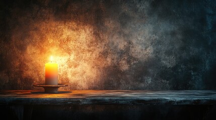 Poster - A solitary candle flickers softly on a rustic wooden table against a textured dark wall, creating a warm ambiance