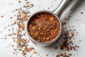 Aufkleber - Spice blend ready for seasoning dishes, showcasing vibrant colors in a metal measuring spoon