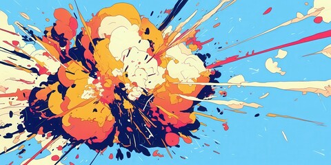 Poster - Colorful Abstract Explosion of Paint and Ink Against a Bright Blue Background, Energetic Dynamic Patterns, Vibrant Color Palette for Artistic Use