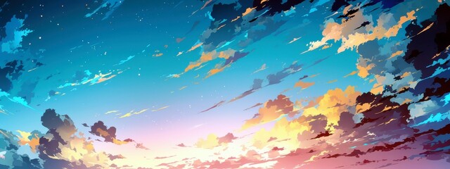 Poster - Colorful Skies with Vibrant Clouds and Soft Hues at Sunset, Beautiful Gradient of Blue, Orange, and Pink with Artistic Brush Strokes in a Digital Artwork
