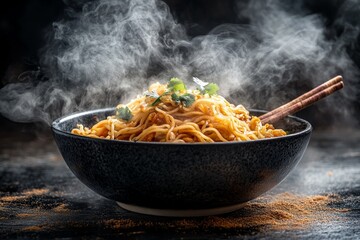 Aufkleber - Delicious bowl of steaming noodles garnished with fresh herbs served in a dark setting