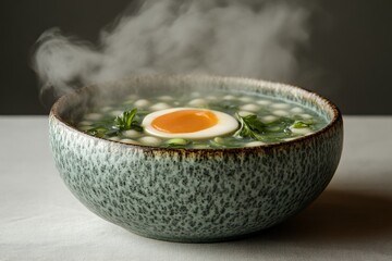 Aufkleber - Delicious green soup with soft boiled egg and herbs on a simple table