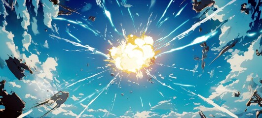 Poster - Dramatic Explosion in the Sky with Blue Clouds and Dynamic Energy Burst Captured from a Unique Perspective Above the Ground Level