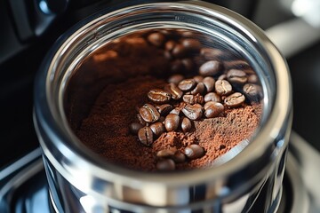 Aufkleber - Freshly ground coffee beans and powder in a shiny container near a coffee machine