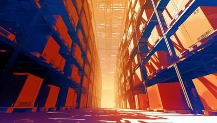 Poster - Vibrant Abstract Warehouse Scene with Colorful Shelving and Boxes Creating a Dynamic Perspective of Light and Shadow in a Modern Environment