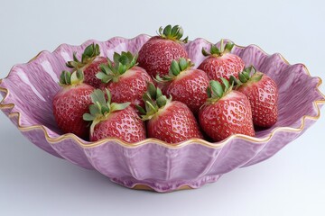 Aufkleber - Freshly picked strawberries arranged in an elegant pink bowl on a light background, showcasing their vibrant colors and natural shine