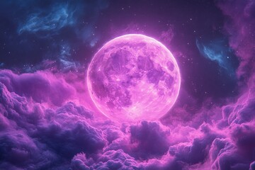 Poster - Vibrant pink moon illuminating clouds under a starry night sky in a surreal celestial landscape