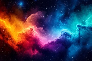 Poster - Colorful nebula with vibrant hues of orange, pink, blue, and purple in a star-filled galaxy