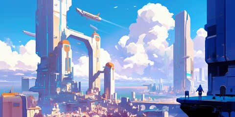 Poster - Futuristic Cityscape with Skyscrapers and Bright Blue Sky
