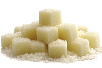 Poster - Sugar cubes stacked neatly on a white background surrounded by granulated sugar