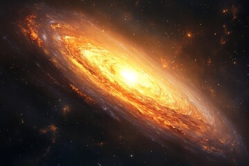 Poster - Vibrant spiral galaxy illuminated by bright core and swirling star clouds in deep space captured from a distant perspective