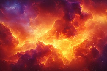 Poster - Vibrant cosmic clouds with hues of orange and purple create a stunning celestial panorama in deep space
