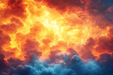 Poster - Intricate cloud formations display a vibrant mixture of orange and yellow hues during a dramatic sunset over the horizon