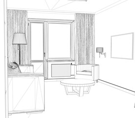 Poster - A room with a couch, a table, and a lamp. The room is empty and has a minimalist design