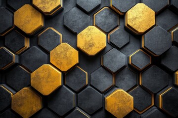 Aufkleber - Geometric pattern of hexagonal shapes in black and gold tones, creating a modern abstract design