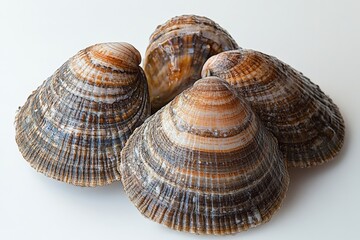 Poster - Freshly harvested clams arranged neatly on a white surface, showcasing their unique textures and colors