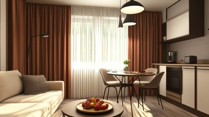 Aufkleber - A bright and inviting living area showcases a stylish sofa near a dining table adorned with fresh fruits. Soft curtains and warm colors create a serene atmosphere perfect for unwinding
