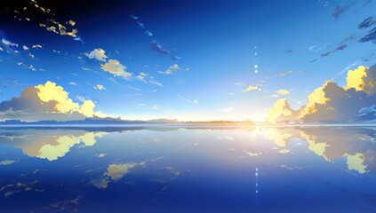 Poster - Serene Sunset Reflection Over Calm Waters with Colorful Clouds and Vibrant Skies, Capturing the Essence of Peaceful Nature at Dusk