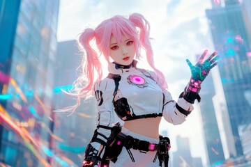 Poster - Futuristic Female Character in Cybernetic Outfit with Pink Hair Standing in Urban Environment Surrounded by Bright Light and Colors