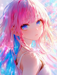 Poster - Dreamy Portrait of a Young Woman with Pink Hair and Sparkling Blue Eyes in Ethereal Background Full of Light and Color Depth