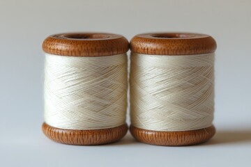 Aufkleber - Close-up view of two wooden spools of white sewing thread arranged on a neutral background