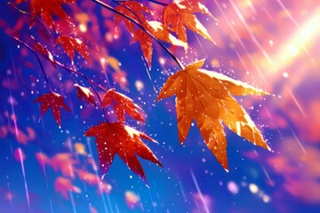Poster - Vibrant Maple Leaves Dripping with Rain in a Colorful Autumn Scene Under a Soft Light Glow with a Dreamy Background of Purple and Pink Hues